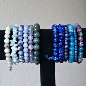12 Stackable Stone Beaded Stretch Bracelet Lot Blue, Green & Aqua Tones Boho